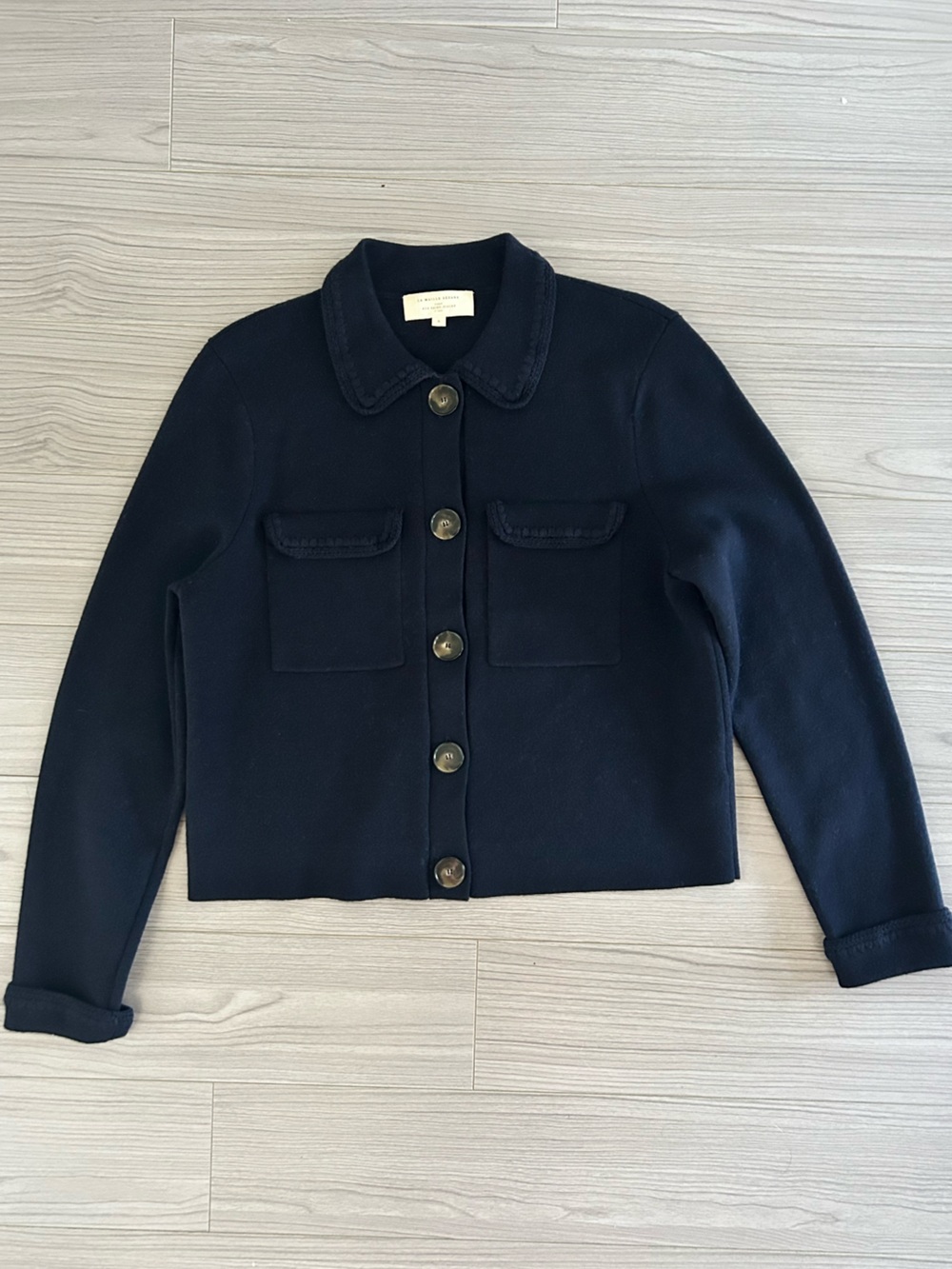 Sezane Navy Button-Front Cropped Jacket with Embroidered Detail